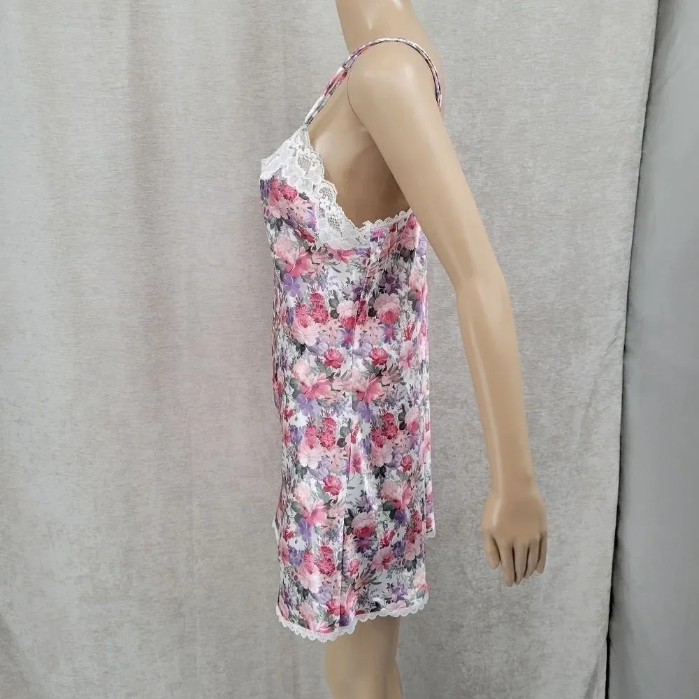Floral Satin Lace Slip Dress Chemise Negligee and Matching Robe Set Pink